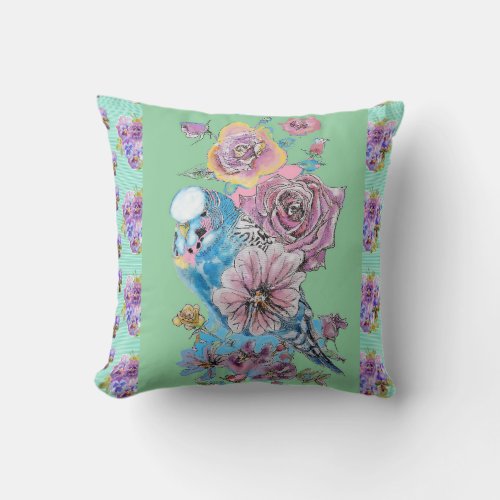 Budgie Budgerigar Rose Watercolor floral Cushion