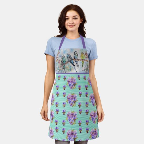 Budgie Budgies and Flowers Mint Green Womans Apron