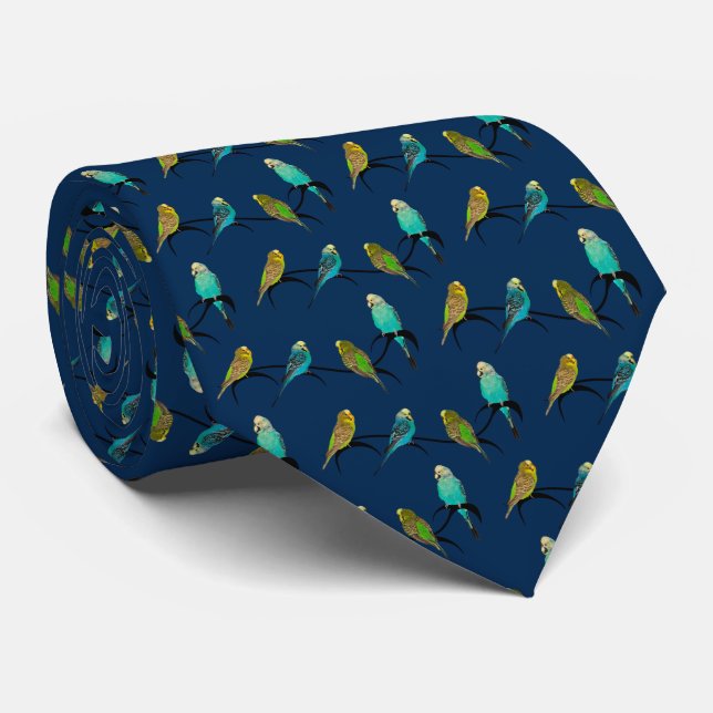 Budgie Frenzy Tie (Navy) (Rolled)