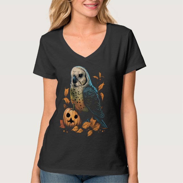 Budgie Halloween Pumpkin Budgerigar Parakeet Bird T-Shirt (Front)