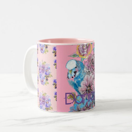 Budgie Hand Painted Pink Blue floral Girls Name Two_Tone Coffee Mug