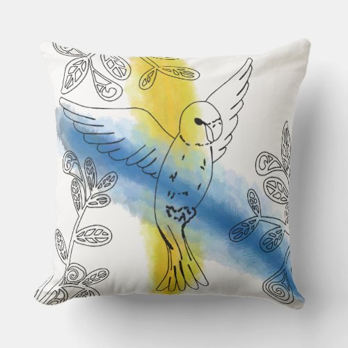 Budgie In Flight Blue and Yellow Watercolor Stain Throw Pillow