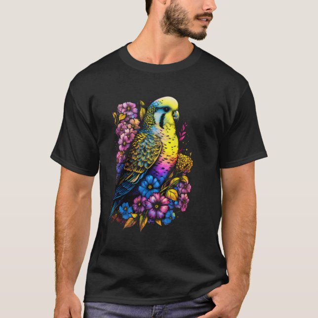 Budgie Mom Flower Budgerigar Parakeet Bird Mother  T-Shirt (Front)