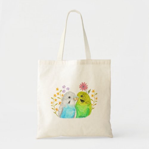 Budgie Parakeet Birds and Flowers Watercolor Art Tote Bag