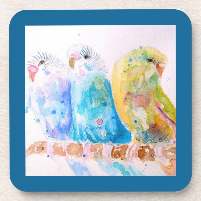 Budgie Parakeet Budgerigar Budgies Teal Blue Beverage Coaster (Front)