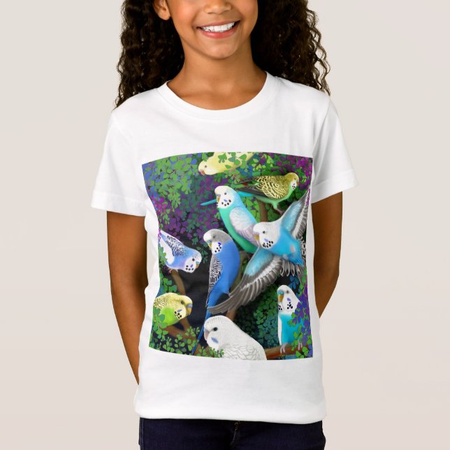 Budgie Parakeets and Ferns Girls Baby Doll Shirt (Front)