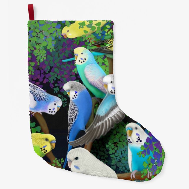 Budgie Parakeets in Ferns Christmas Stocking (Front)