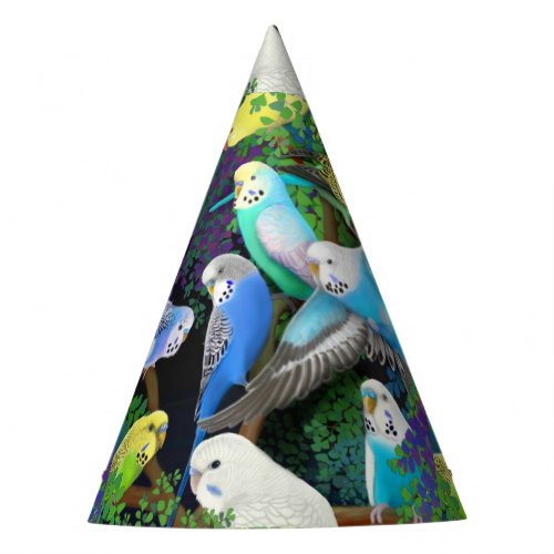 Budgie Parakeets in Ferns Party Hat