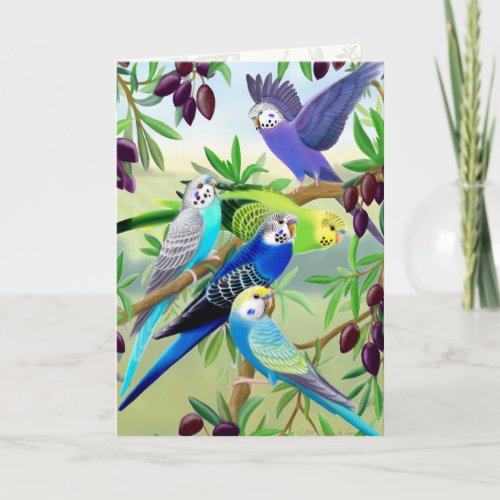 Budgie Parakeets in Olive Tree Greeting Card