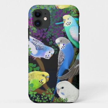 Budgie Parrots In Ferns Iphone Case by TheCasePlace at Zazzle