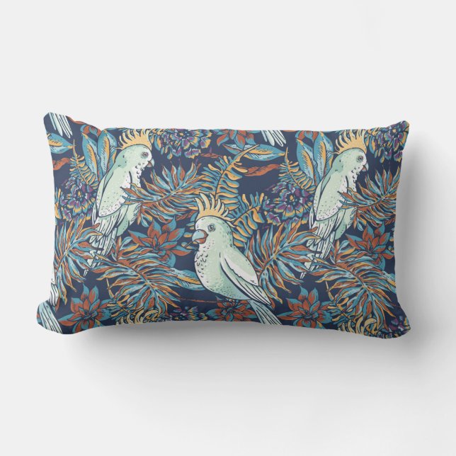 Budgie Rainforest Flowers Foliage Blue Background  Lumbar Pillow (Front)