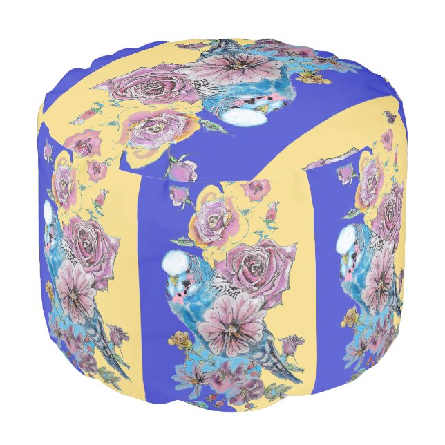 Budgie Rose Rose Navy Blue Floral Flowers Pouffe Pouf (Angled Front)
