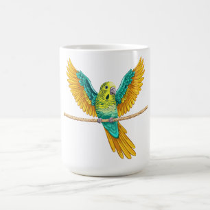 Budgie sitting on a rope with open wings coffee mug