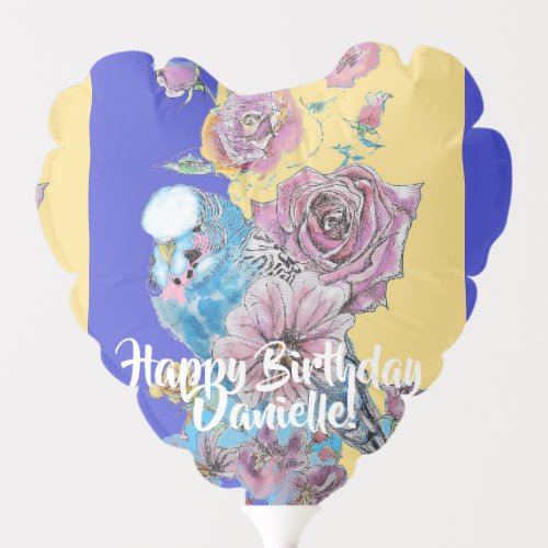 Budgie Watercolor floral Blue Birthday Balloon