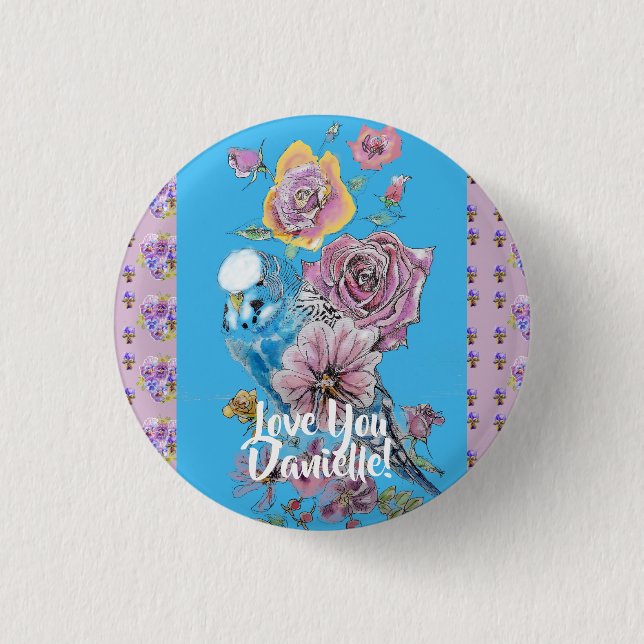 Budgie Watercolor floral Girls Ladies Cute Badge Button (Front)