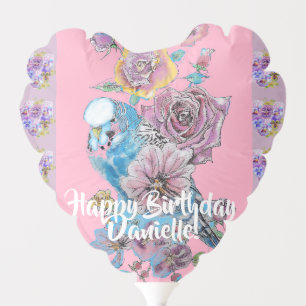 Budgie Watercolor floral Ladies Birthday Balloon
