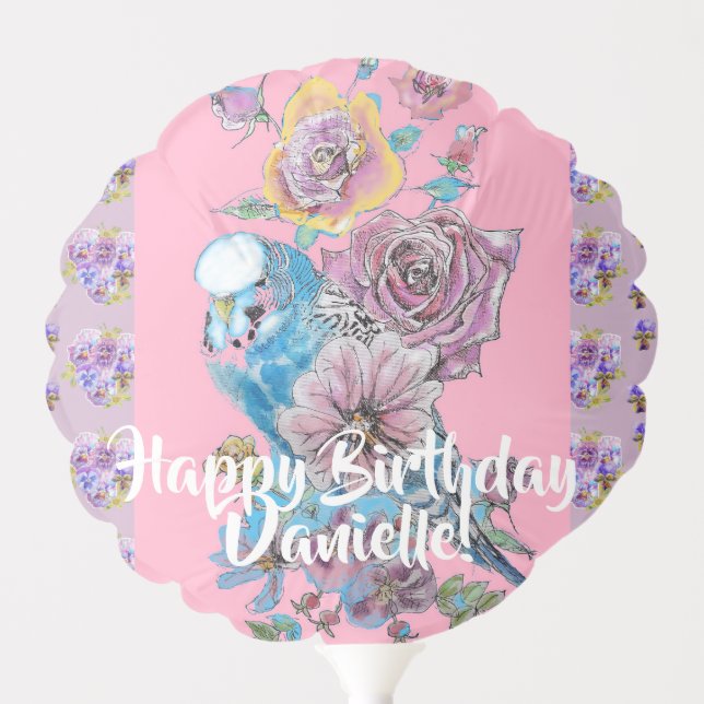 Budgie Watercolor floral Ladies Birthday Balloon (Front)