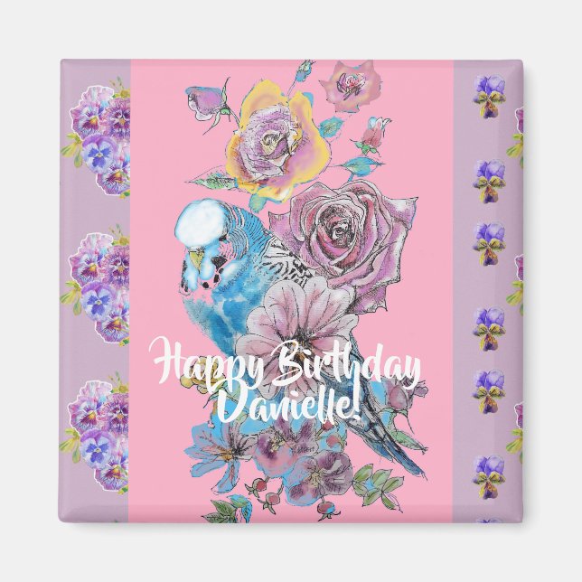 Budgie Watercolor floral Ladies Birthday Magnet (Front)