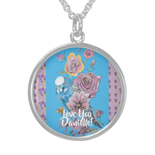 Budgie Watercolor floral Ladies Girls Necklace (Front)