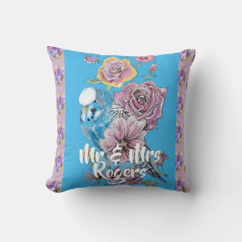 Budgie Watercolor floral lilac Newlywed Cushion