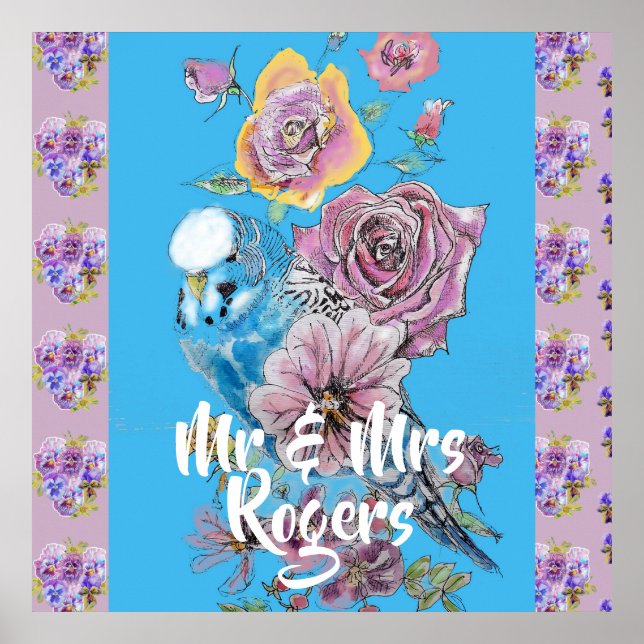 Budgie Watercolor floral lilac Newlywed Poster (Front)