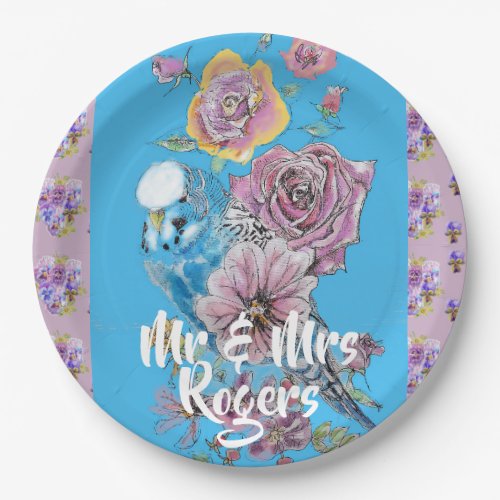 Budgie Watercolor floral lilac Wedding Paper Plate