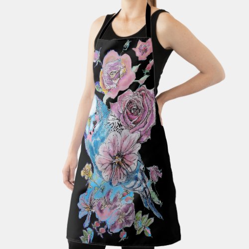 Budgie Watercolor Rose Floral Design Black Apron