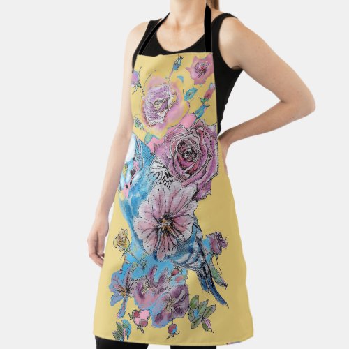 Budgie Watercolor Rose Floral Design Yellow Apron