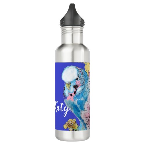 Budgie Watercolor Rose Floral Navy Water Bottle