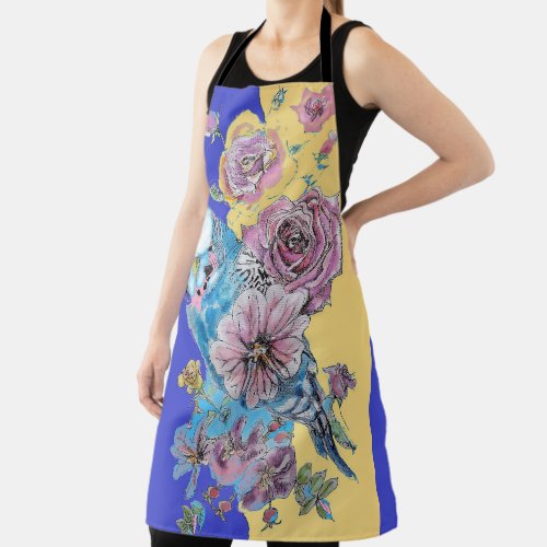 Budgie Watercolor Rose Floral Navy  Yellow Apron
