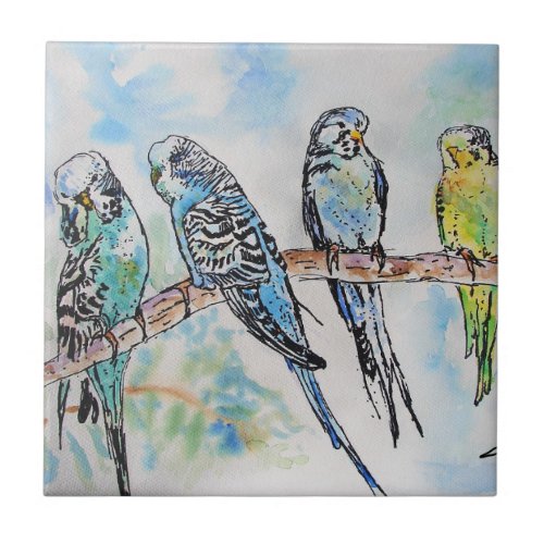 Budgie Watercolour Painting Bird birds Whimsical Ceramic Tile
