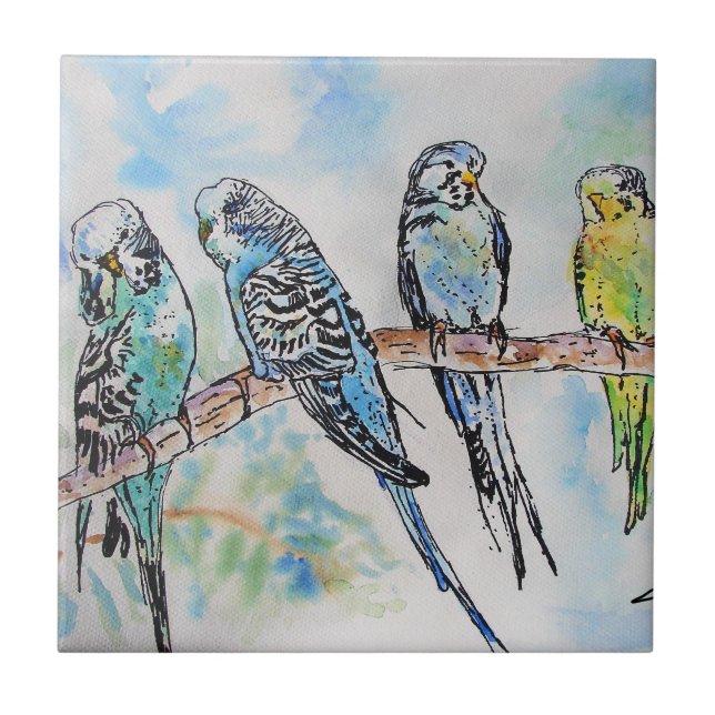 Budgie Watercolour Painting Bird birds Whimsical Ceramic Tile (Front)