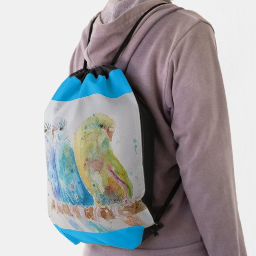 Budgie Watercolour Painting bird Budgies Aqua Teal Drawstring Bag