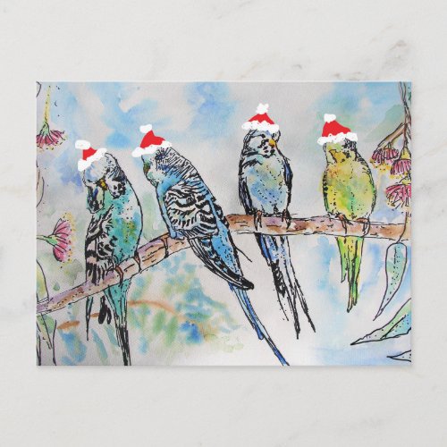 Budgie Watercolour Painting bird Budgies Christmas Postcard