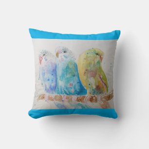 Budgie Watercolour Painting bird Cushion Aqua Teal
