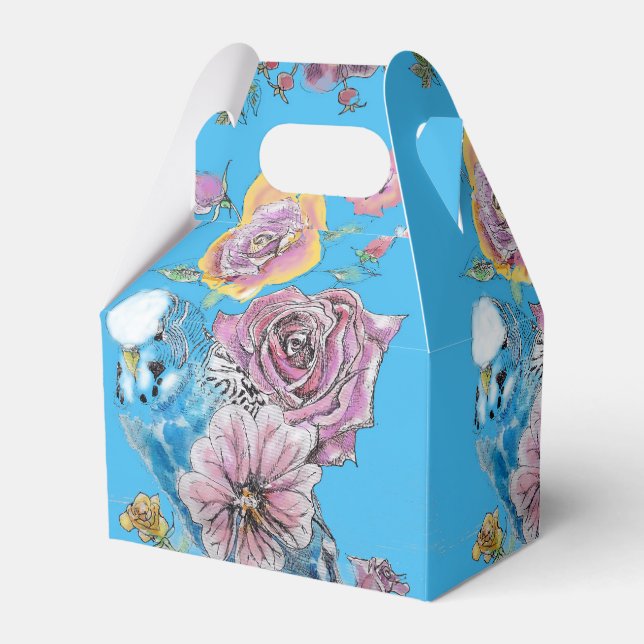 Budgie Wedding Cake Favor Box Blue Roses (Front Side)