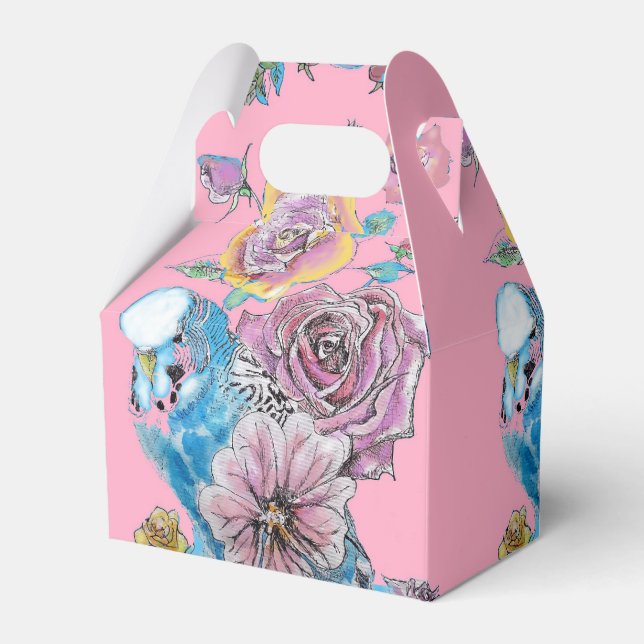 Budgie Wedding Cake Favor Box Pink Roses (Front Side)