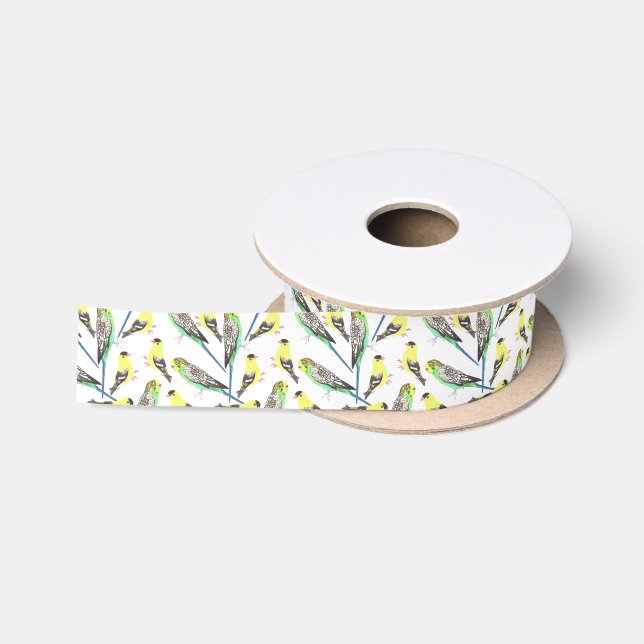 Budgies and american goldfinches bird lover art satin ribbon (Spool)