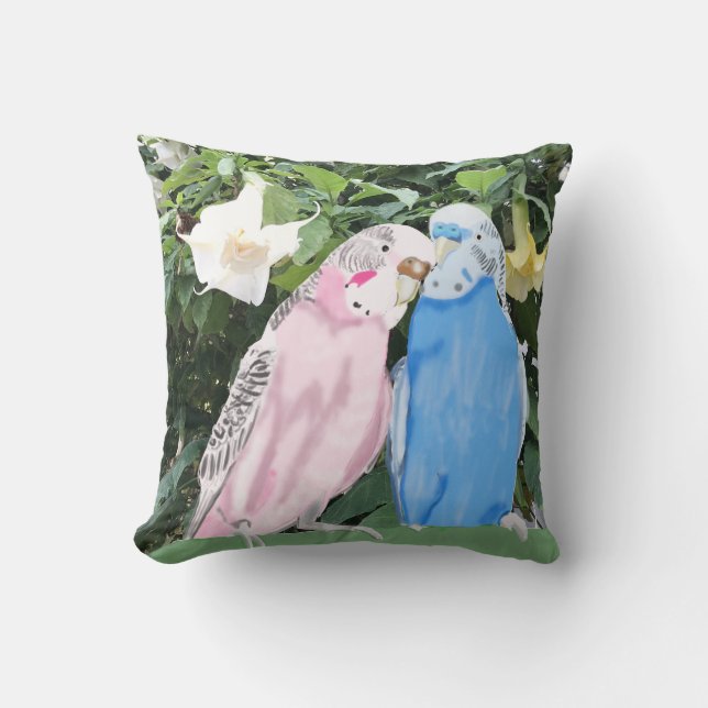 Budgies and White Angel Trumpet Flowers Throw Pillow (Front)