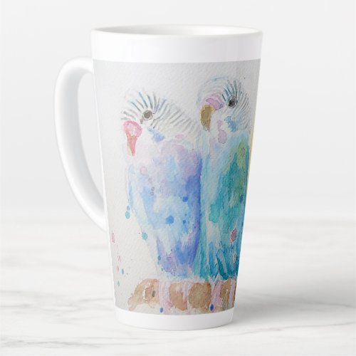 Budgies Three Sitting Branch Watercolor Art Blue Latte Mug