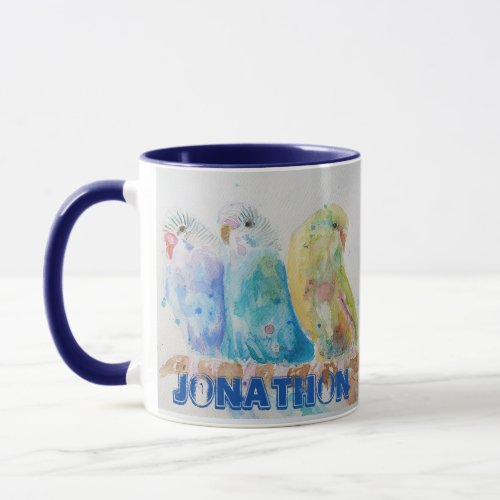 Budgies Three Sitting Branch Watercolor Blue Mug