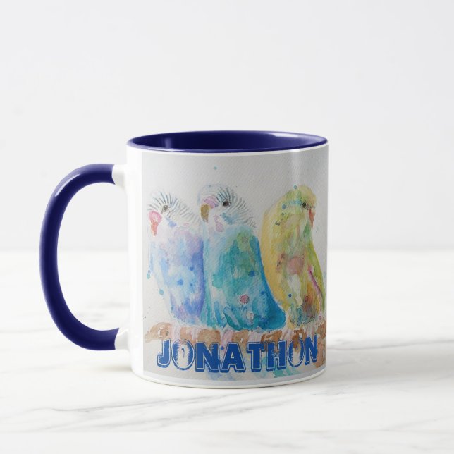 Budgies Three Sitting Branch Watercolor Blue Mug (Left)
