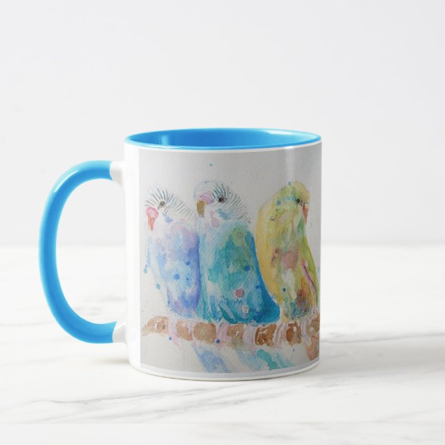 Budgies Three Sitting Branch Watercolor Mug Blue (Left)