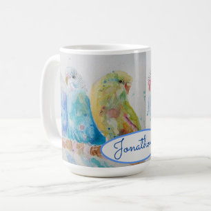 Budgies Three Sitting on Branch Blue Mug