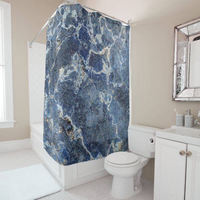 Bue Gray Black Marble & Beige Veins Shower Curtain (In Situ)