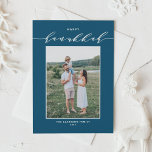 Bue Modern Mix Typography Happy Hanukkah Photo Holiday Card<br><div class="desc">Happy Hanukkah! Send Hanukkah wishes to family and friends with this customizable modern Hanukkah card. It features an elegant script and simple typography. Personalize this photo Hanukkah card by adding names and a photo. This blue Hanukkah card is available on other cardstock and colors.</div>
