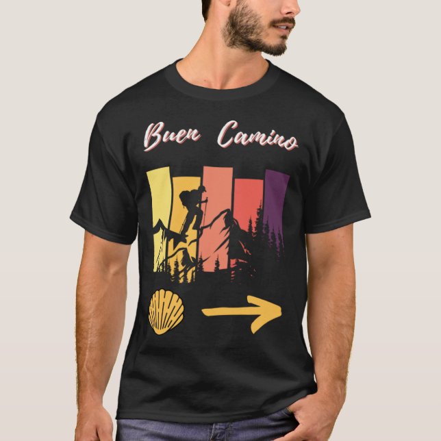 Buen Camino Male Pilgrim Scallop Shell Yellow Arro T-Shirt (Front)