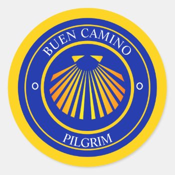 Buen Camino Pilgrims  Classic Round Sticker by customizedgifts at Zazzle