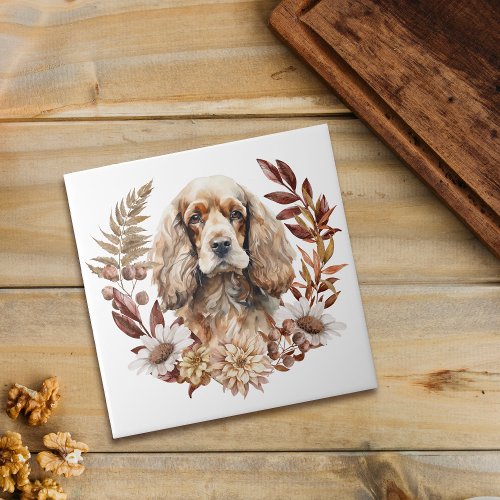 Buff American Cocker Spaniel Dog Autumn Wreath Ceramic Tile