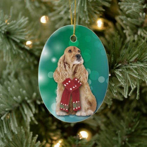 Buff Cocker Spaniel Dog Bokeh Christmas   Ceramic Ornament